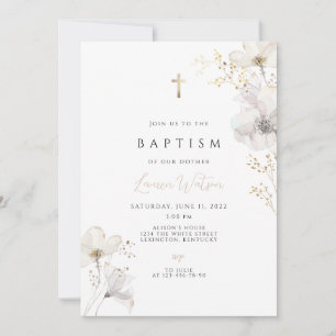 Invitación Cruz de oro de flores silvestres Bautismo