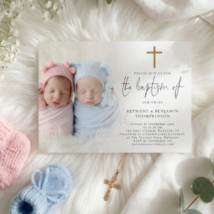 Invitación Cruz de oro de foto moderna para gemelos Bautizo 