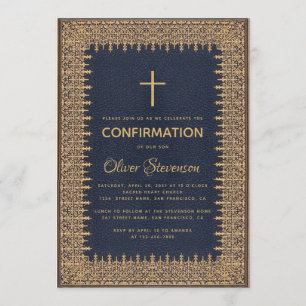 Invitación Cruz de oro del marco azul vintage de confirmación