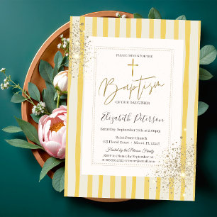 Invitación Cruz de Oro Diamante Rayas Amarillas Bautizo
