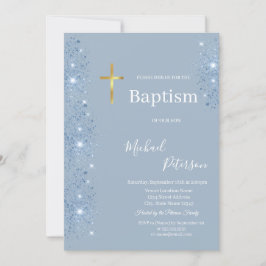 Invitación Cruz de oro elegante Bautizo azul polvoriento bril