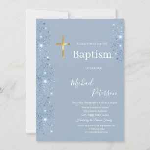 Invitación Cruz de oro elegante Bautizo azul polvoriento bril