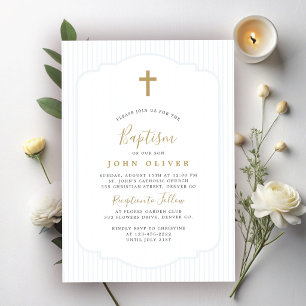 Invitación Cruz de oro elegante bautizo de niño azul