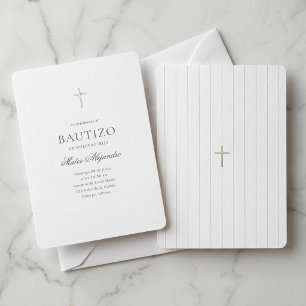Invitación Cruz de oro elegante Bautizo de niño español Minim