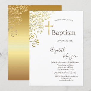 Invitación Cruz de oro elegante Bautizo encaje floral dorado
