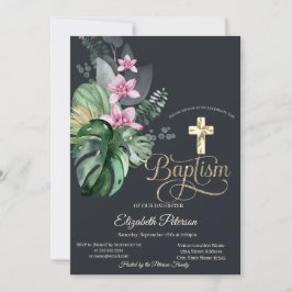 Invitación Cruz de oro elegante flores tropicales oscuras Bau