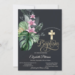 Invitación Cruz de oro elegante flores tropicales oscuras Bau