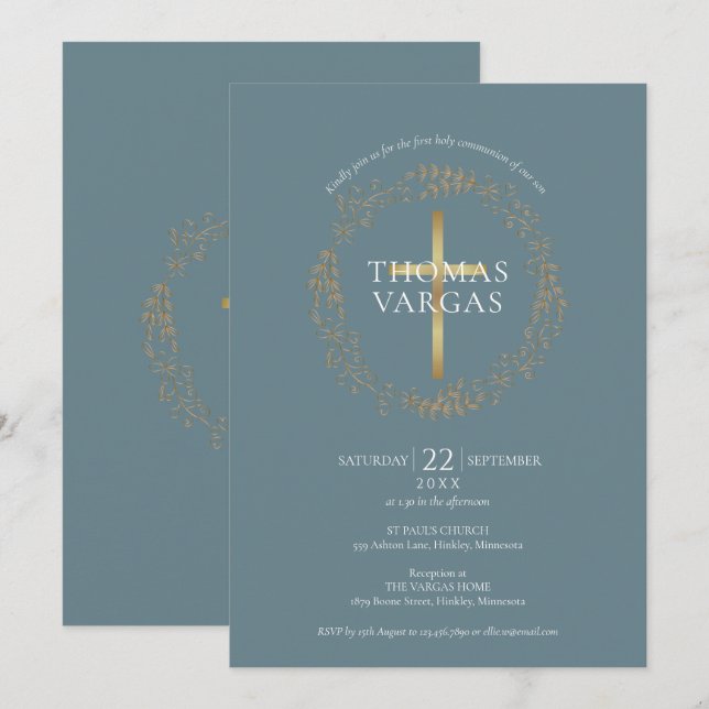 Invitación Cruz de oro elegante moderna Primera Comunión (Anverso / Reverso)