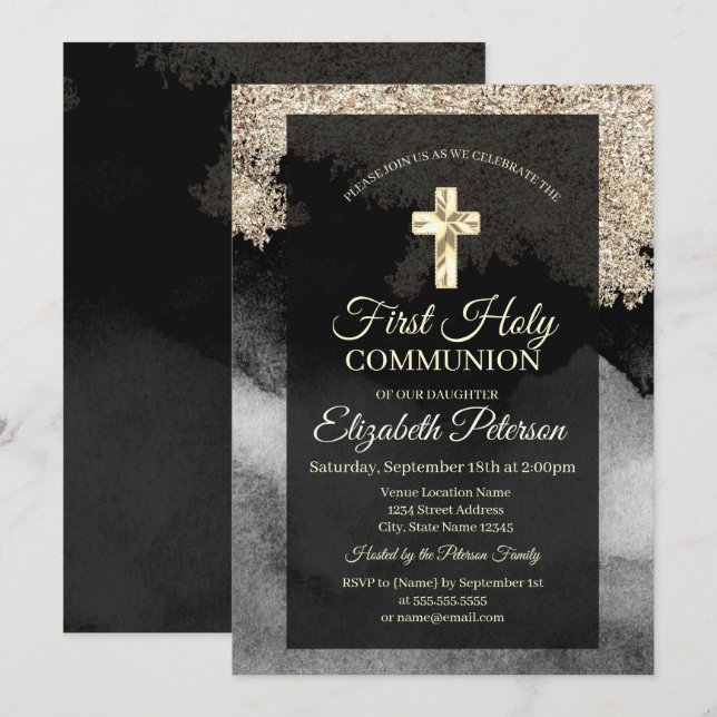 Invitación Cruz de oro elegante Primera Comunión  (Anverso / Reverso)