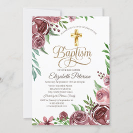 Invitación Cruz de oro elegante rosas de Burdeos Bautizo