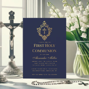 Invitación Cruz de oro falso de Primera Comunión Navy Boy en 