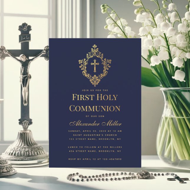 Invitación Cruz de oro falso de Primera Comunión Navy Boy en  (Subido por el creador)