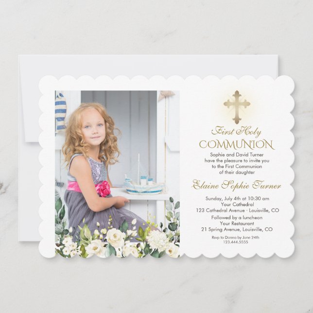 Invitación Cruz de Oro Floral Blanca Foto Comunión Santa (Anverso)