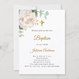 Invitación Cruz de oro floral blanca para bautizo