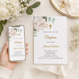 Invitación Cruz de oro floral blanca para bautizo