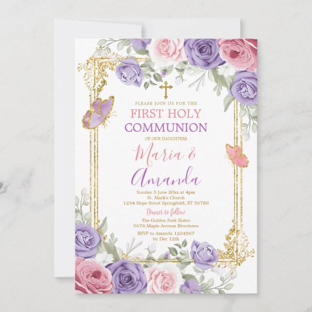 Invitación Cruz de Oro Floral Púrpura Rosa Primero Santa Comu (Anverso)