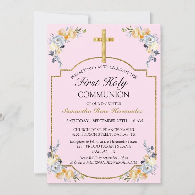 Invitación Cruz de Oro Floral Rosa bonito Primera Comunión Sa (Anverso)