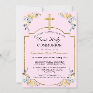 Invitación Cruz de Oro Floral Rosa bonito Primera Comunión Sa