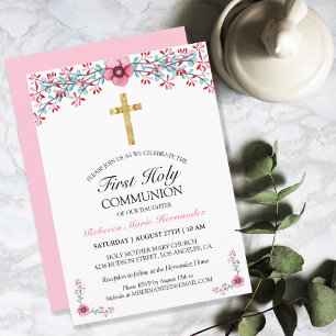 Invitación Cruz de Oro Floral Rosa bonito Primera Comunión Sa