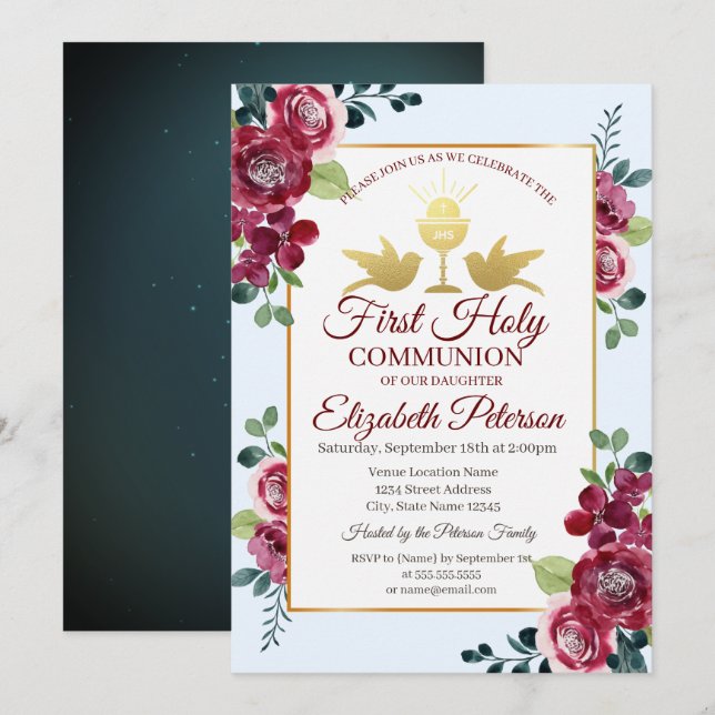 Invitación Cruz de oro flores de Borgoña Primera Comunión   (Anverso / Reverso)