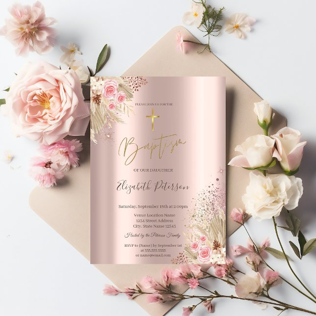 Invitación Cruz de oro flores de hierba de Pampas Bautizo ros (Subido por el creador)