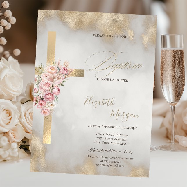Invitación Cruz de oro flores rosadas Bautizo Brillo Dorado (Subido por el creador)
