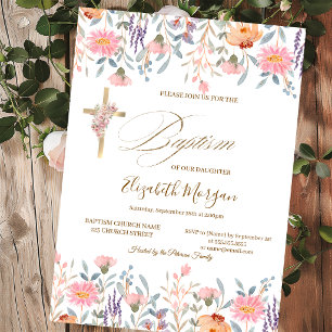 Invitación Cruz de oro flores silvestres Bautizo rosa