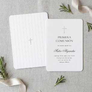 Invitación Cruz de oro minimalista para niño español primera