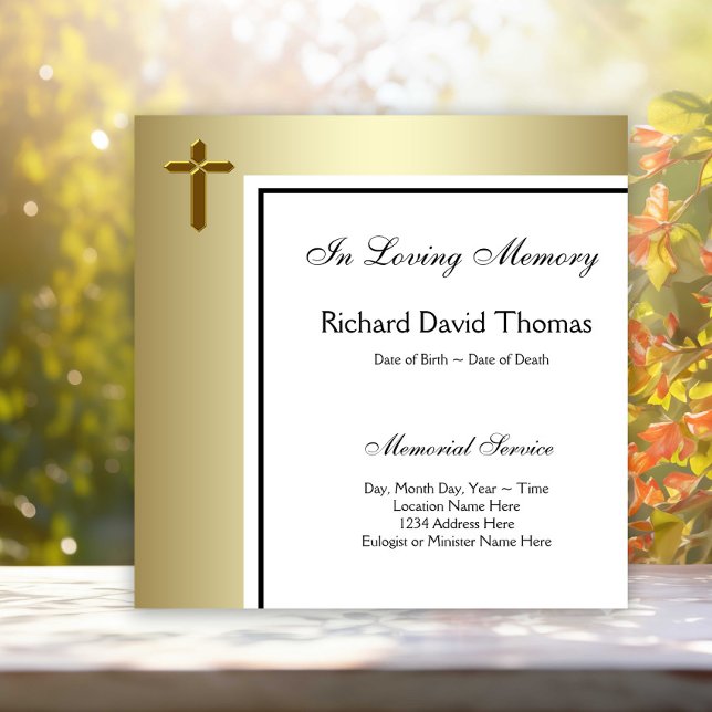 Invitación Cruz de Oro Negro en un recuerdo amoroso (Simple elegant gold cross memorial and funeral announcement. Simply add your event details.)