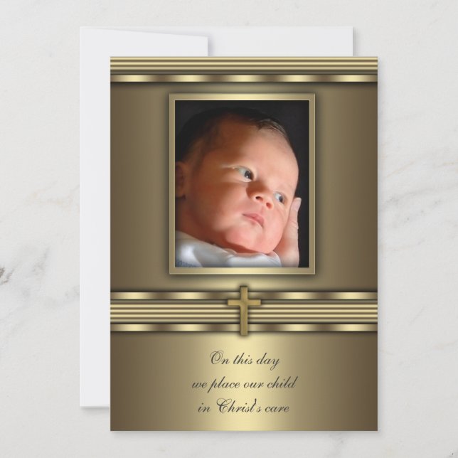 Invitación Cruz de Oro Niño Bebé Foto Bautizo (Anverso)
