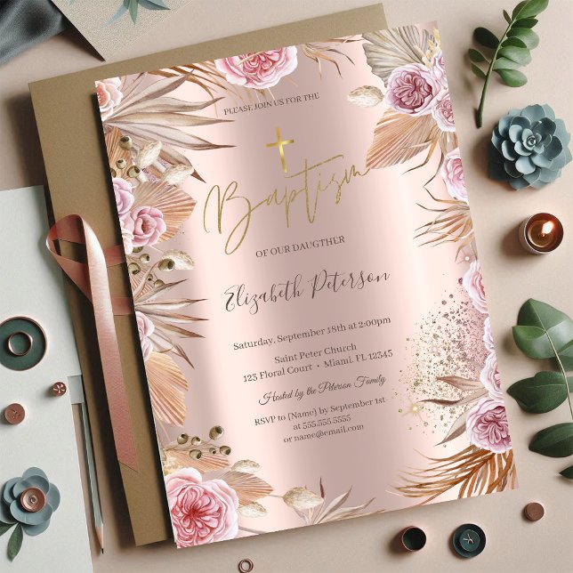 Invitación Cruz de oro Pampas Grass Boho Flores Bautizo (Subido por el creador)