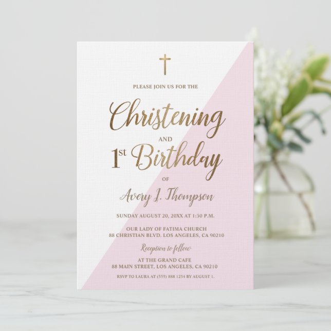 Invitación Cruz de Oro Rosa Christening Primer Cumpleaños (Anverso de pie)
