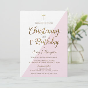 Invitación Cruz de Oro Rosa Christening Primer Cumpleaños