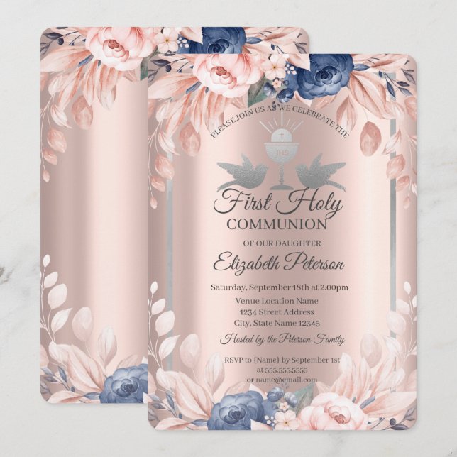 Invitación Cruz de oro rosa Flores Primera Comunión   (Anverso / Reverso)