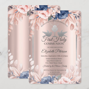 Invitación Cruz de oro rosa Flores Primera Comunión  