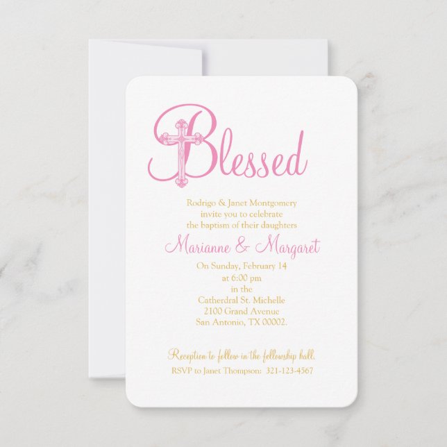 Invitación cruz de oro rosa melliza CRISTENCIA o BAPTISMO (Anverso)