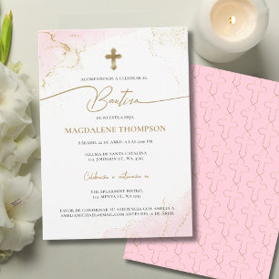 Invitación Cruz de oro rosa moderno Bautizo de niña