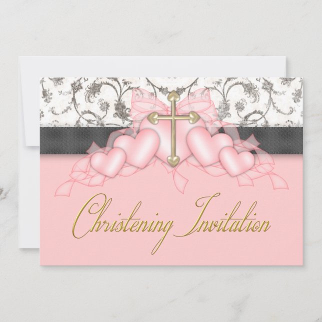 Invitación Cruz de oro rosa negro niñas rosa bautizo (Anverso)