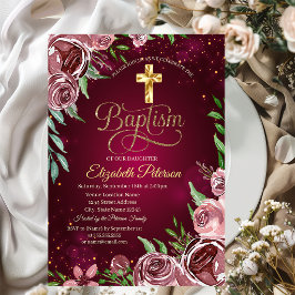 Invitación Cruz de oro Rosas de Borgoña Bautizo