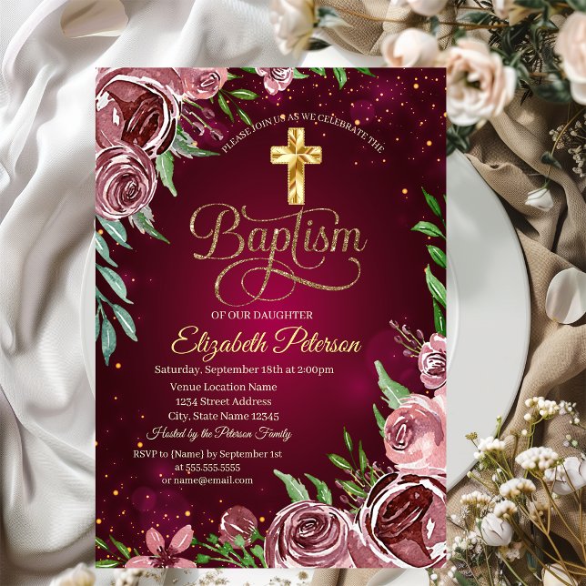 Invitación Cruz de oro Rosas de Borgoña Bautizo (Subido por el creador)