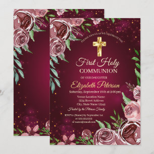 Invitación Cruz de oro Rosas de Burdeos Primera Comunión