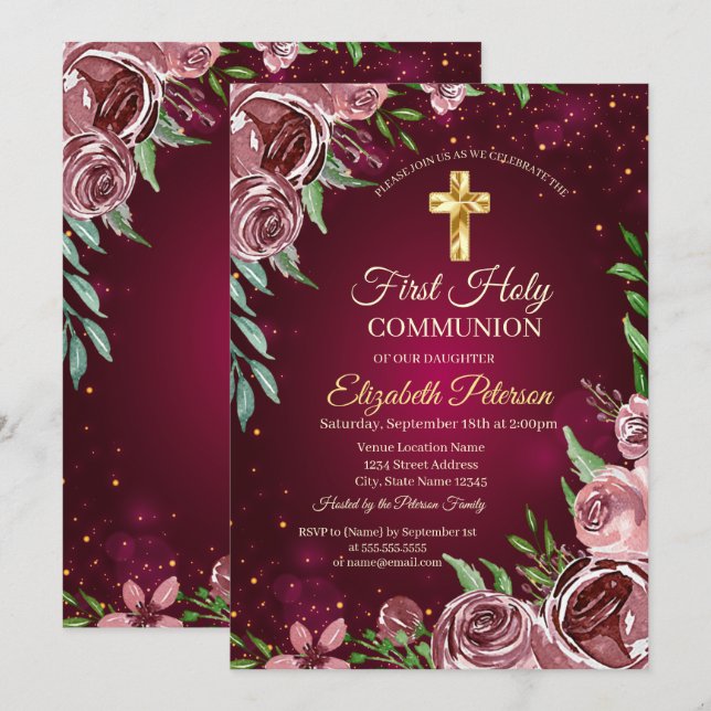 Invitación Cruz de oro Rosas de Burdeos Primera Comunión (Anverso / Reverso)