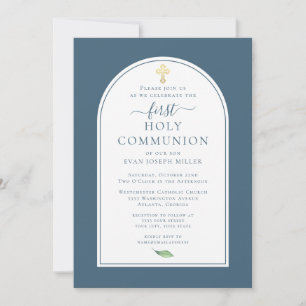 Invitación Cruz de oro simple azul primera comunión