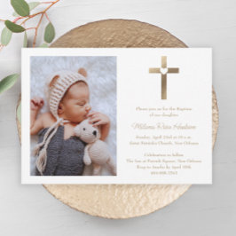 Invitación Cruz de oro simple con bautismo de foto cardíaca