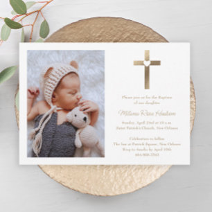Invitación Cruz de oro simple con bautismo de foto cardíaca