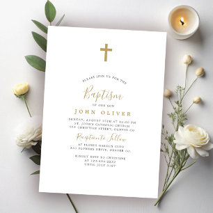 Invitación Cruz de oro simple minimalista bautizo de niño