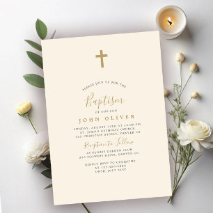 Invitación Cruz de oro simple minimalista bautizo de niño