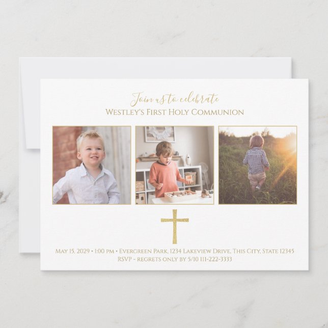 Invitación Cruz de Oro Tri Foto Primera Comunión Moderna (Anverso)