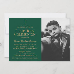 Invitación Cruz de oro verde niño primera comunión
