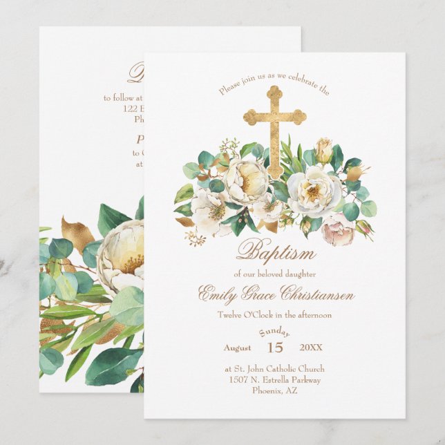 Invitación Cruz de oro y bautismo de flores (Anverso / Reverso)